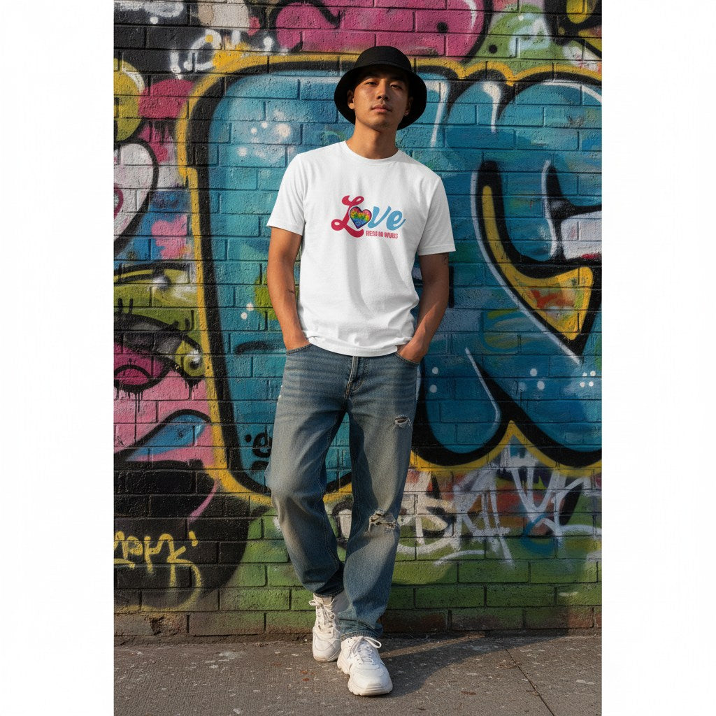 East Asian man wearing a white Love Needs No Words autism awareness t-shirt.