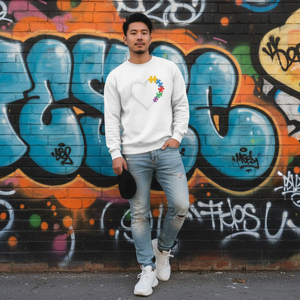 East Asian man wearing a white autism awareness puzzle heart sweatshirt.