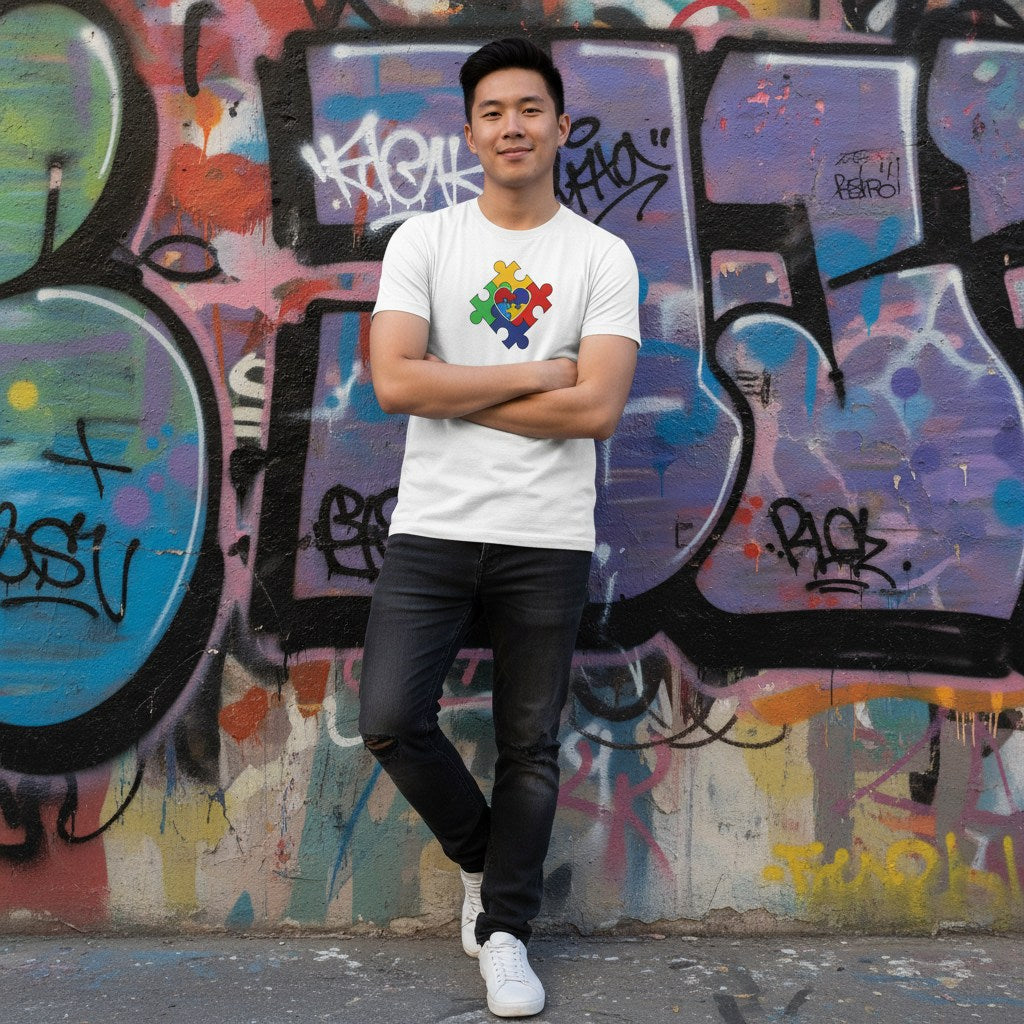 East Asian man wearing a white t-shirt with a puzzle heart design.