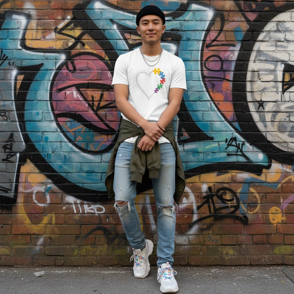 East Asian man wearing a white autism awareness puzzle heart T-shirt in a streetwear style.