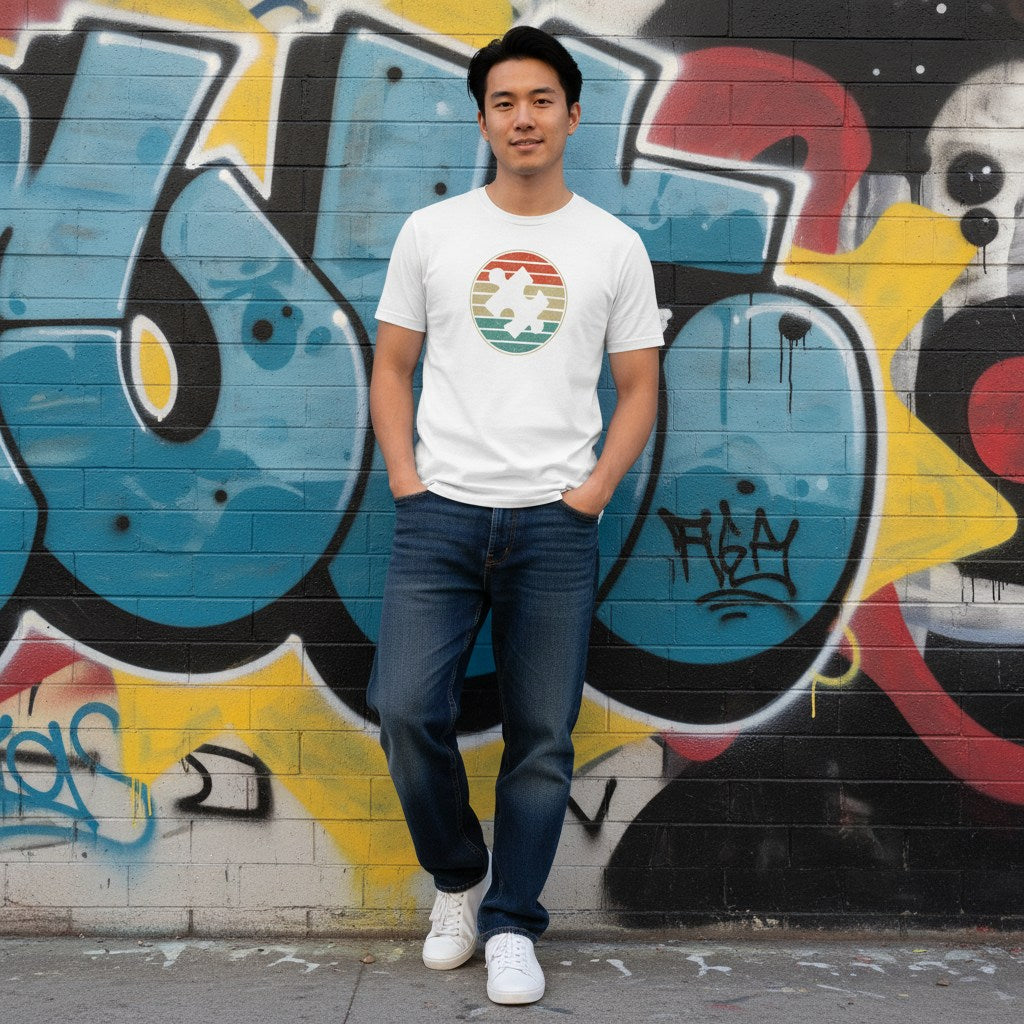 East Asian man wearing a white retro sunset puzzle piece autism awareness T-shirt.