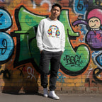 East Asian man wearing a white autism awareness sweatshirt featuring a puzzle piece headphones design.