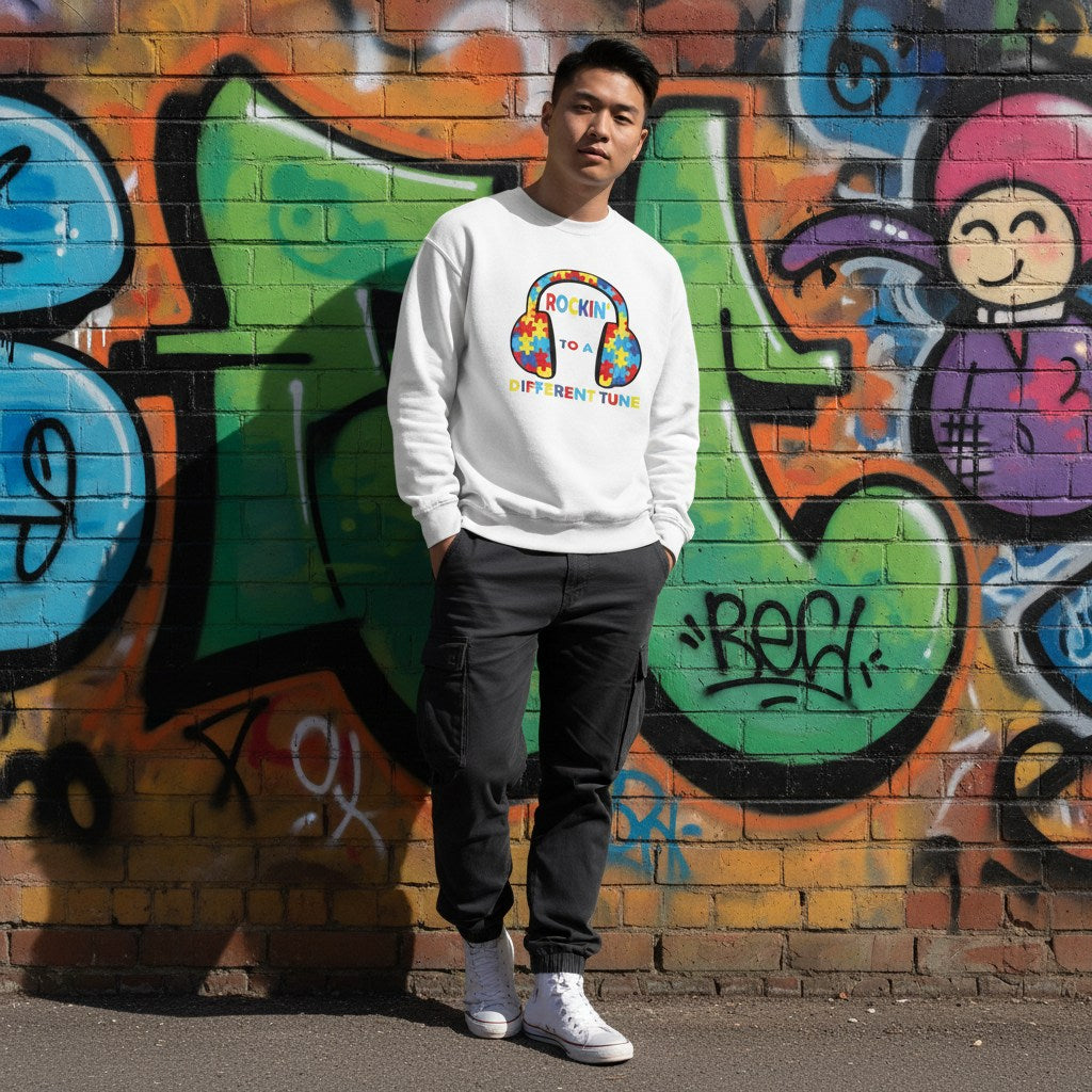 East Asian man wearing a white autism awareness sweatshirt featuring a puzzle piece headphones design.