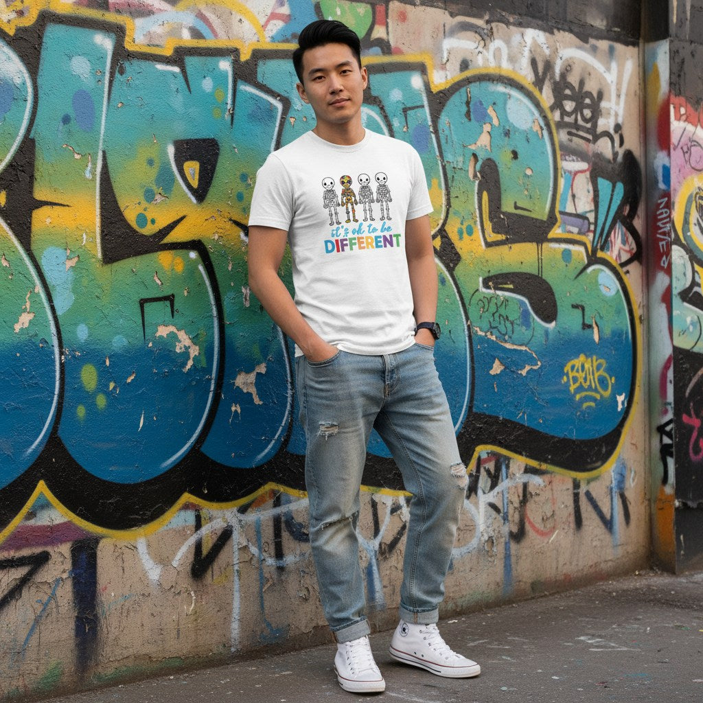 East Asian man wearing a white autism awareness skeleton puzzle T-shirt.
