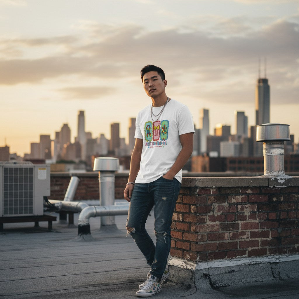 East Asian man wearing a white autism awareness t-shirt in a streetwear style.