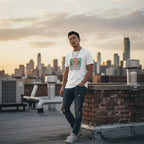 East Asian man wearing a white autism awareness t-shirt in a streetwear style.