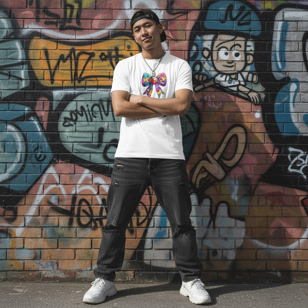East Asian man wearing a white autism awareness puzzle piece bow t-shirt in a streetwear style.