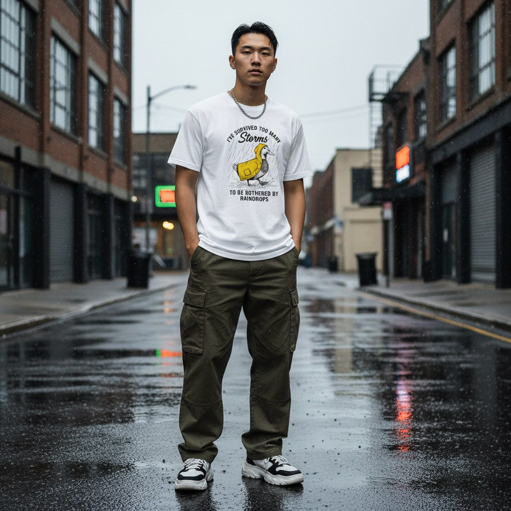 East Asian man wearing a white streetwear t-shirt in an urban setting
