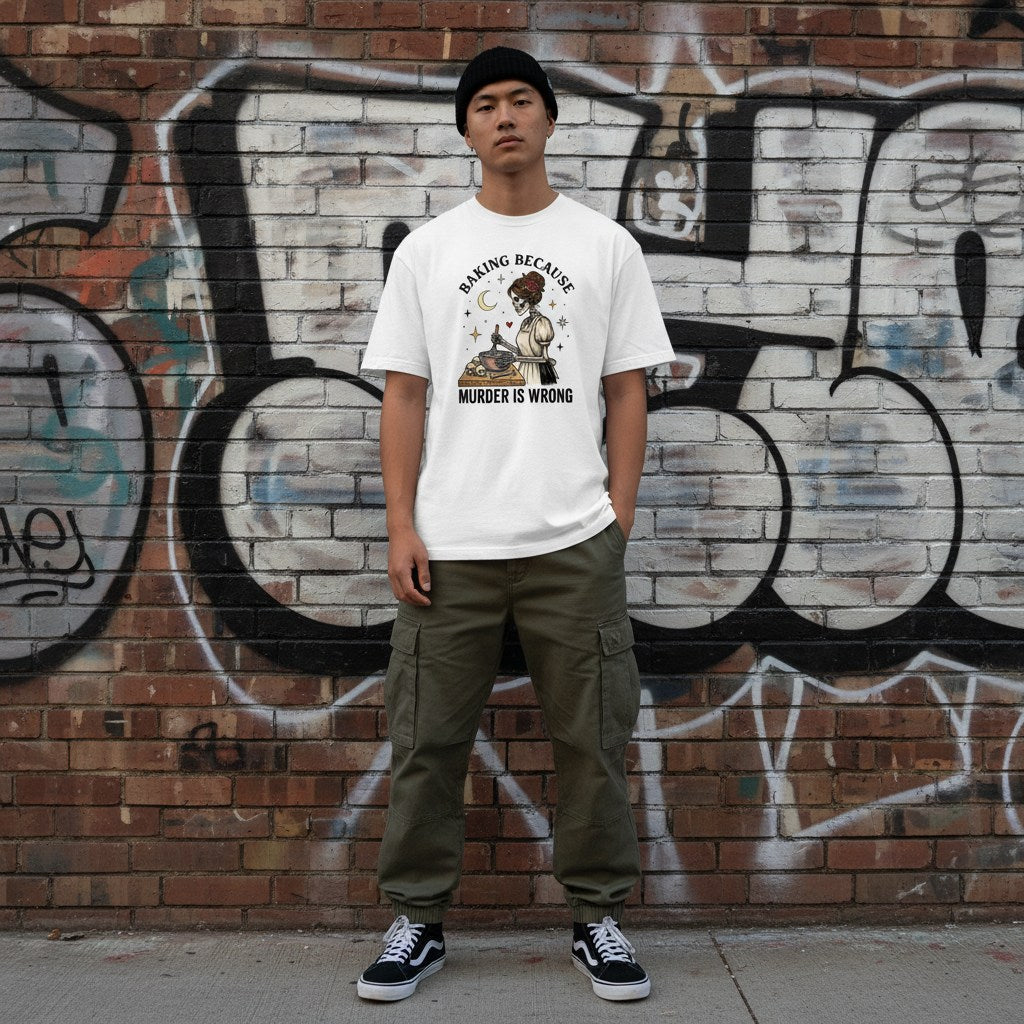 East Asian man in a streetwear style photo wearing a white t-shirt.