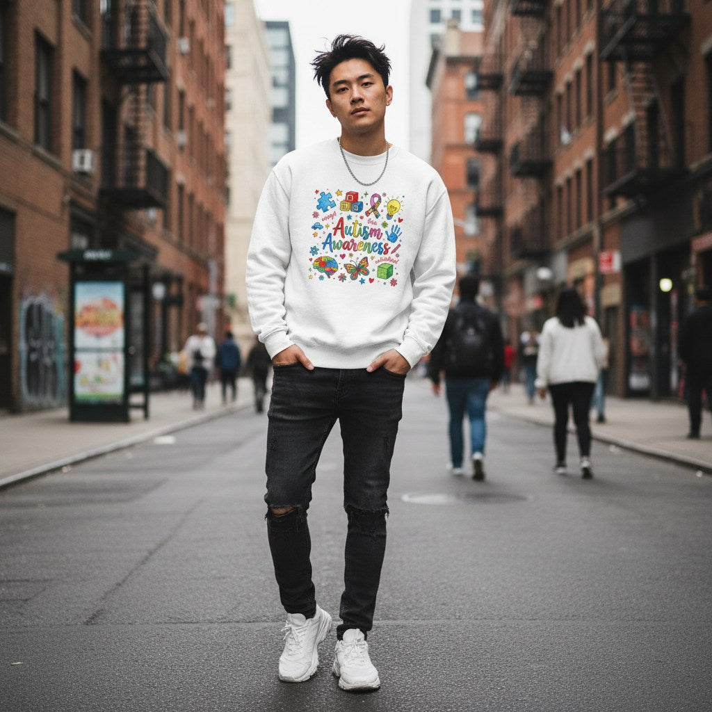 East Asian man wearing a white autism awareness sweatshirt.