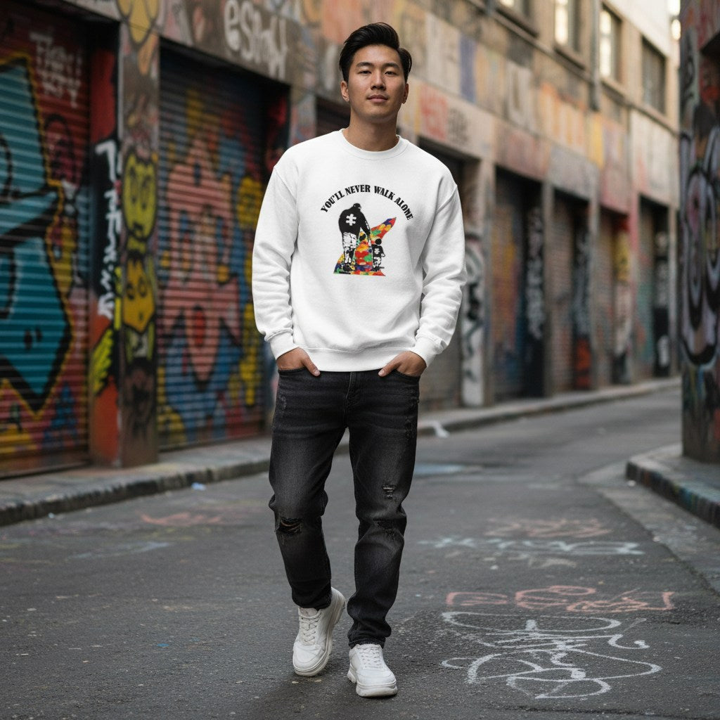 East Asian man wearing a white You'll Never Walk Alone autism awareness sweatshirt.