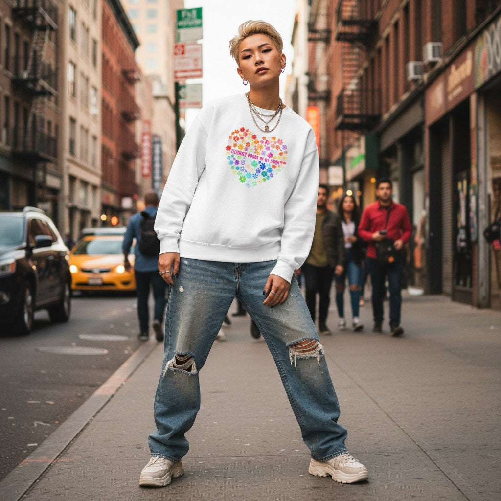 East Asian non-binary person wearing a white "Celebrate Minds of All Kinds" floral heart sweatshirt.