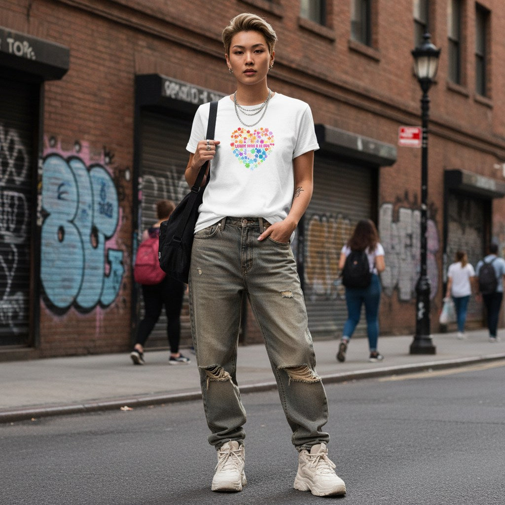 East Asian non-binary person wearing a white Celebrate Minds of All Kinds floral heart t-shirt.
