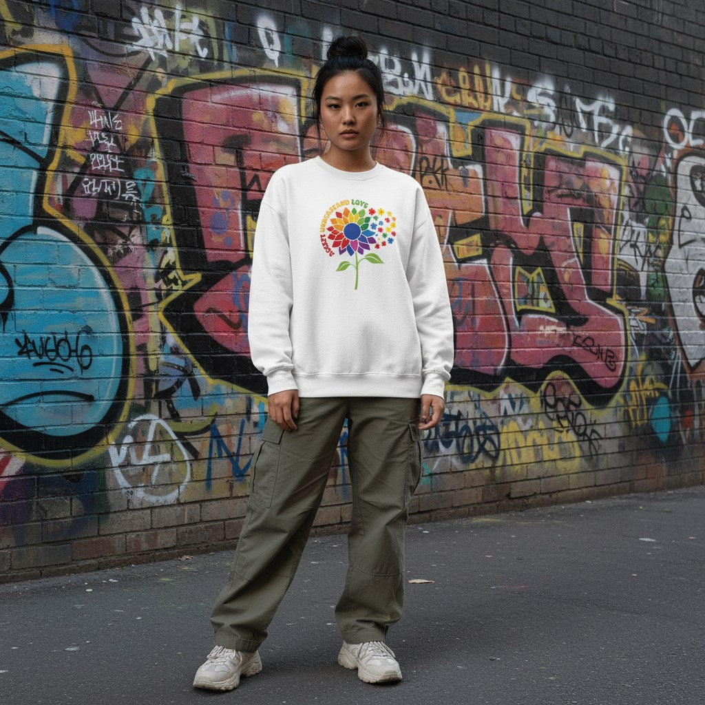 East Asian woman wearing a white Accept Understand Love rainbow sunflower sweatshirt.