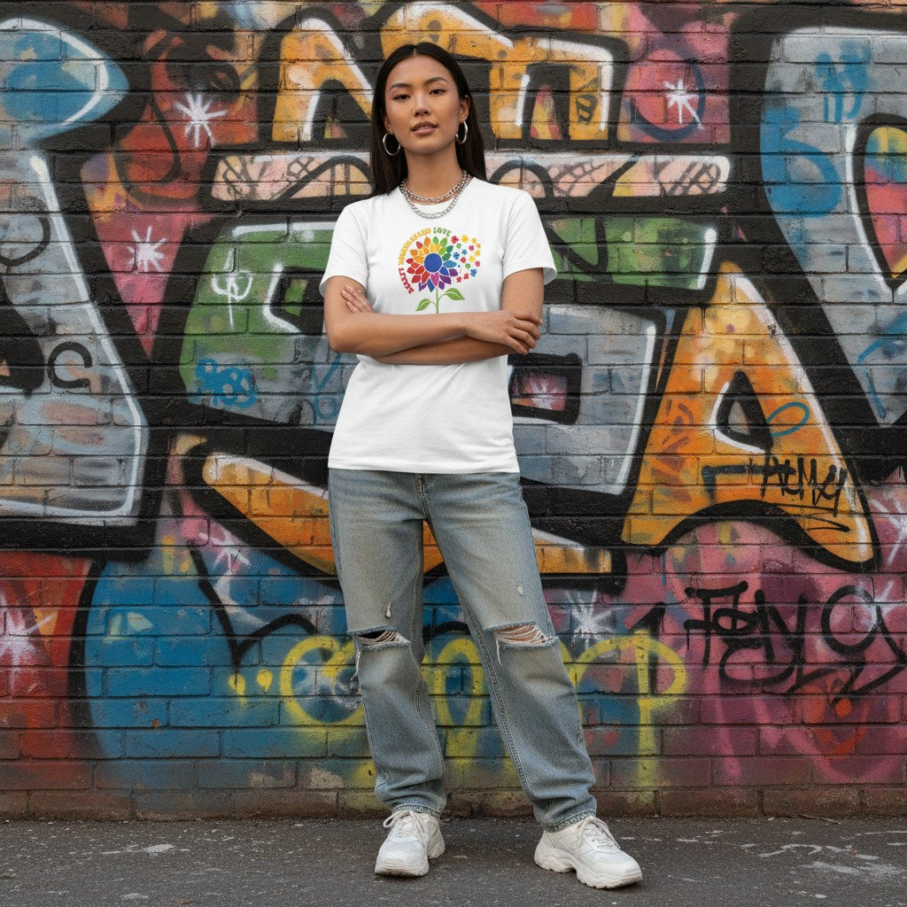 East Asian woman wearing a white T-shirt with a rainbow sunflower and Accept Understand Love design.
