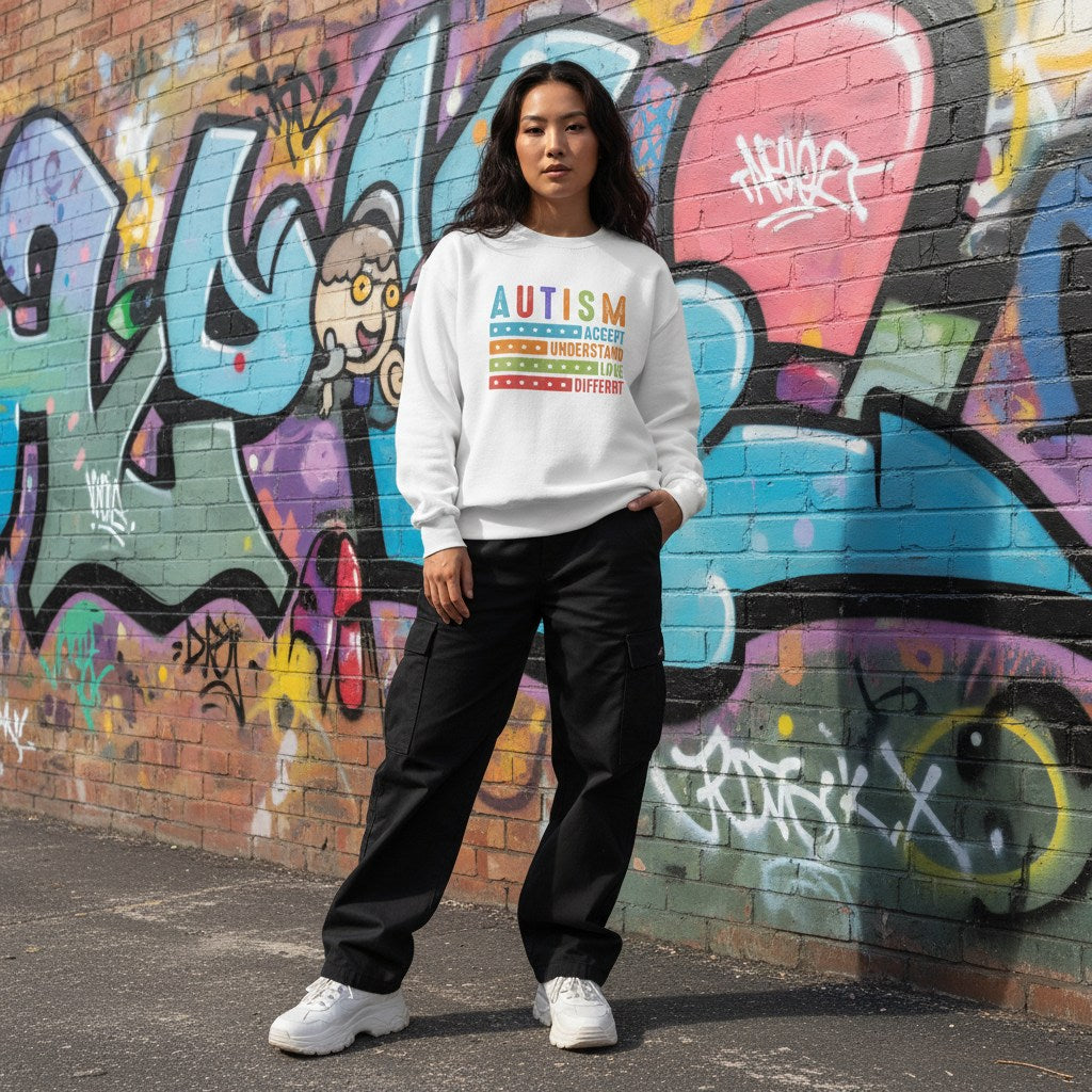 East Asian woman wearing a white autism awareness sweatshirt with Accept, Understand, Love, Different design.