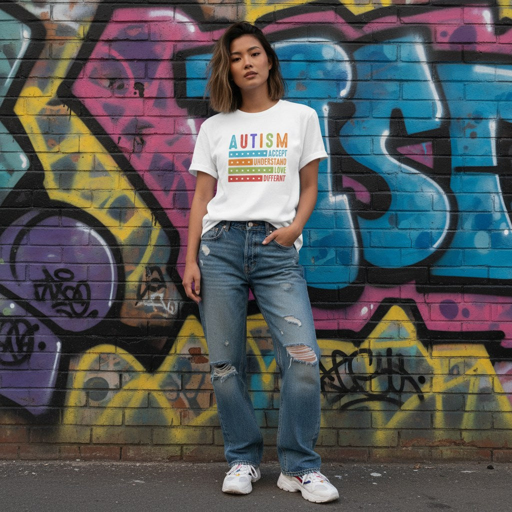 East Asian woman wearing a white autism awareness T-shirt.