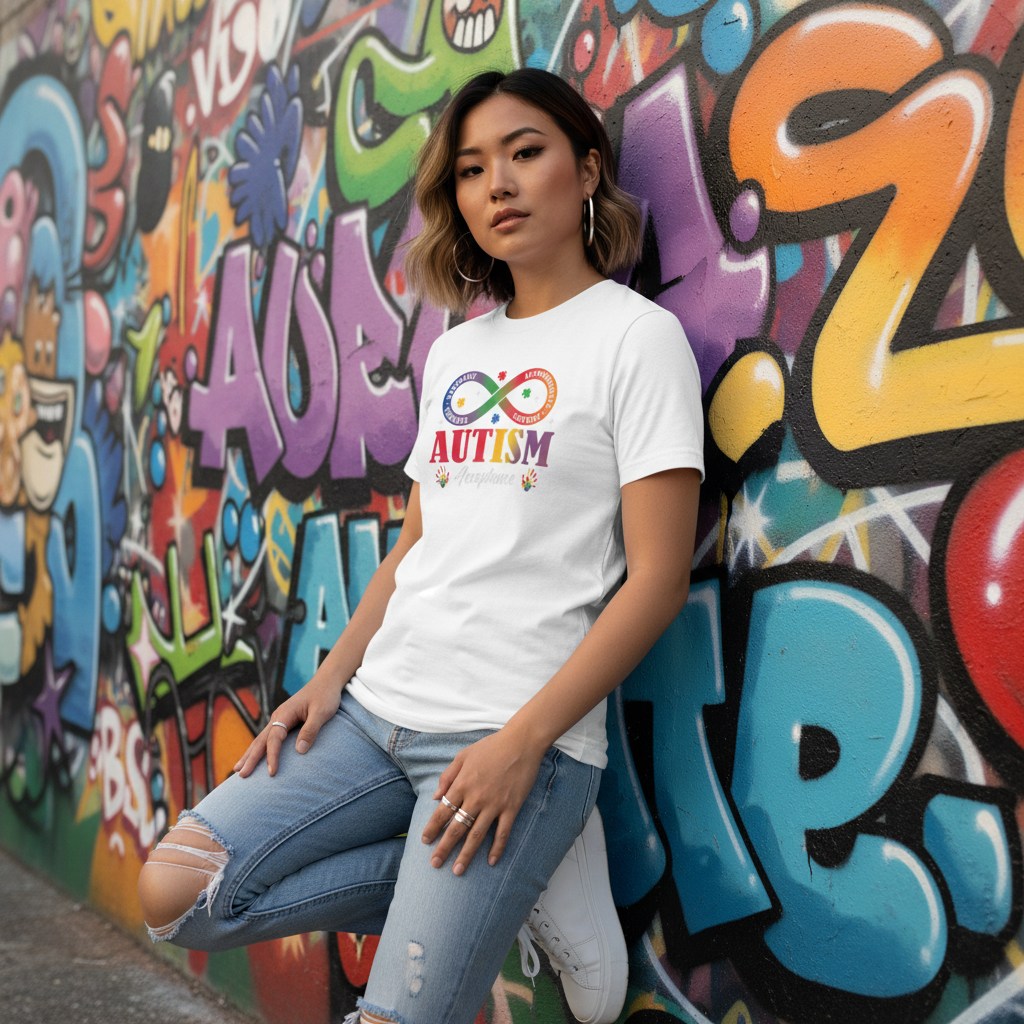 East Asian woman wearing a white autism acceptance infinity T-shirt.