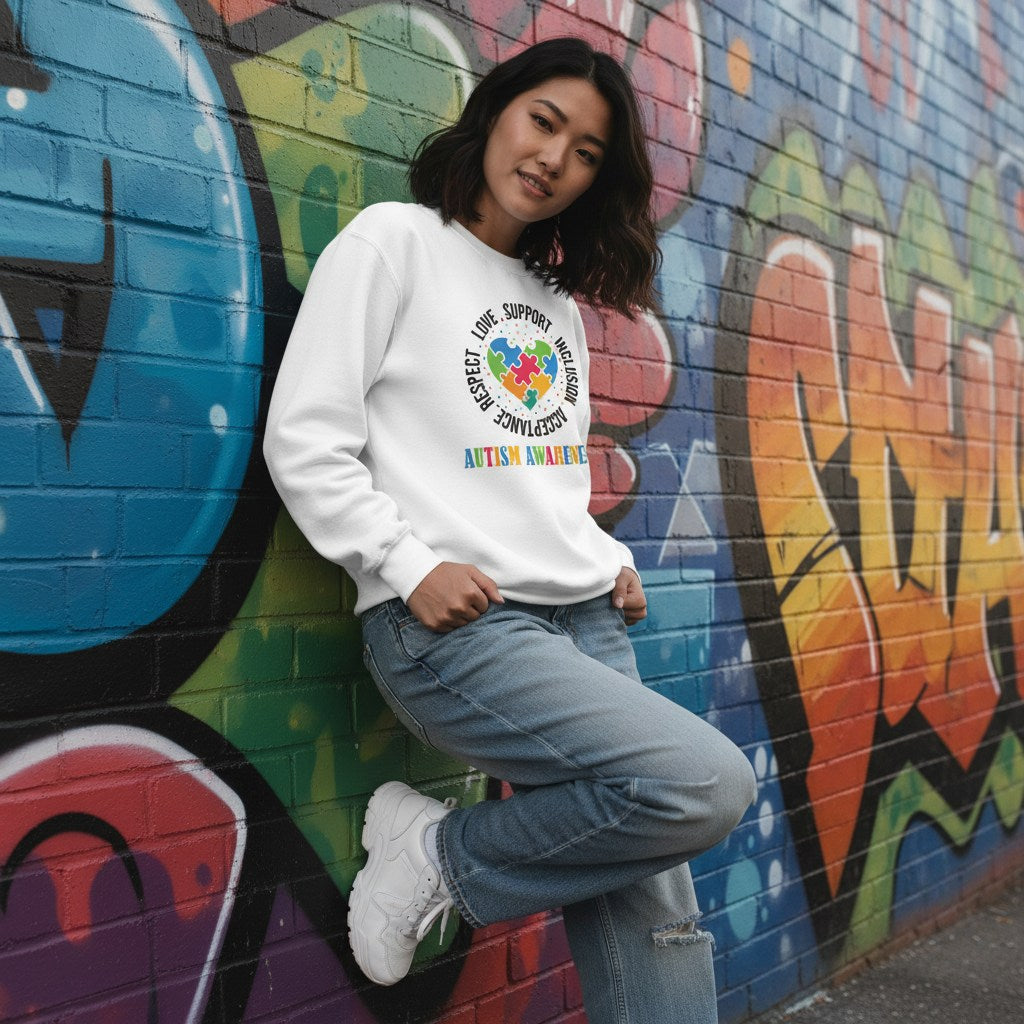 East Asian woman wearing a white autism awareness puzzle heart sweatshirt.