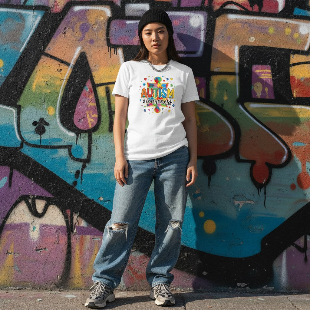 East Asian woman wearing a white autism awareness puzzle T-shirt.