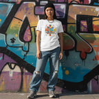 East Asian woman wearing a white autism awareness puzzle T-shirt.