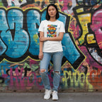 East Asian woman wearing a white autism is my superpower t-shirt.