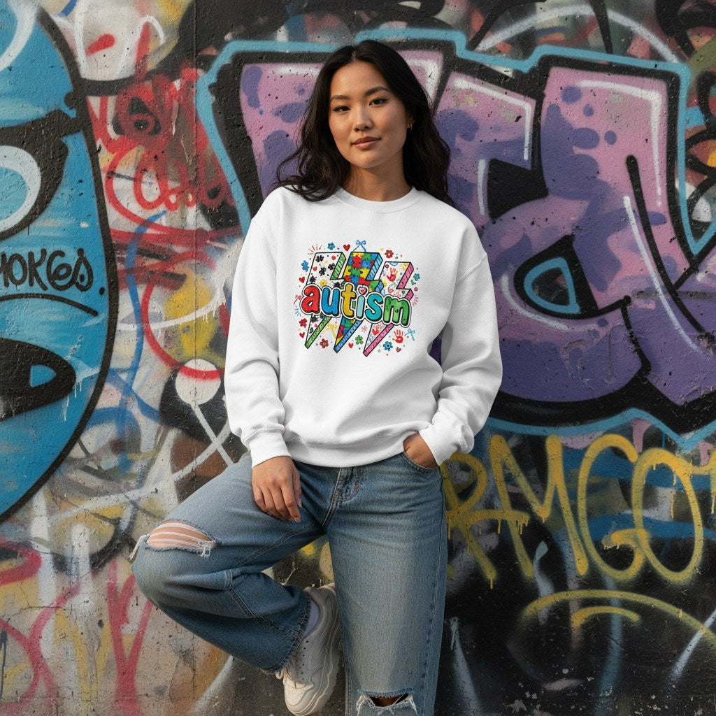 East Asian woman wearing a white autism lightning bolt doodle sweatshirt.