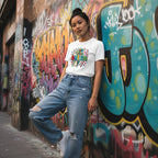 East Asian woman wearing a white autism lightning bolt doodle T-shirt.