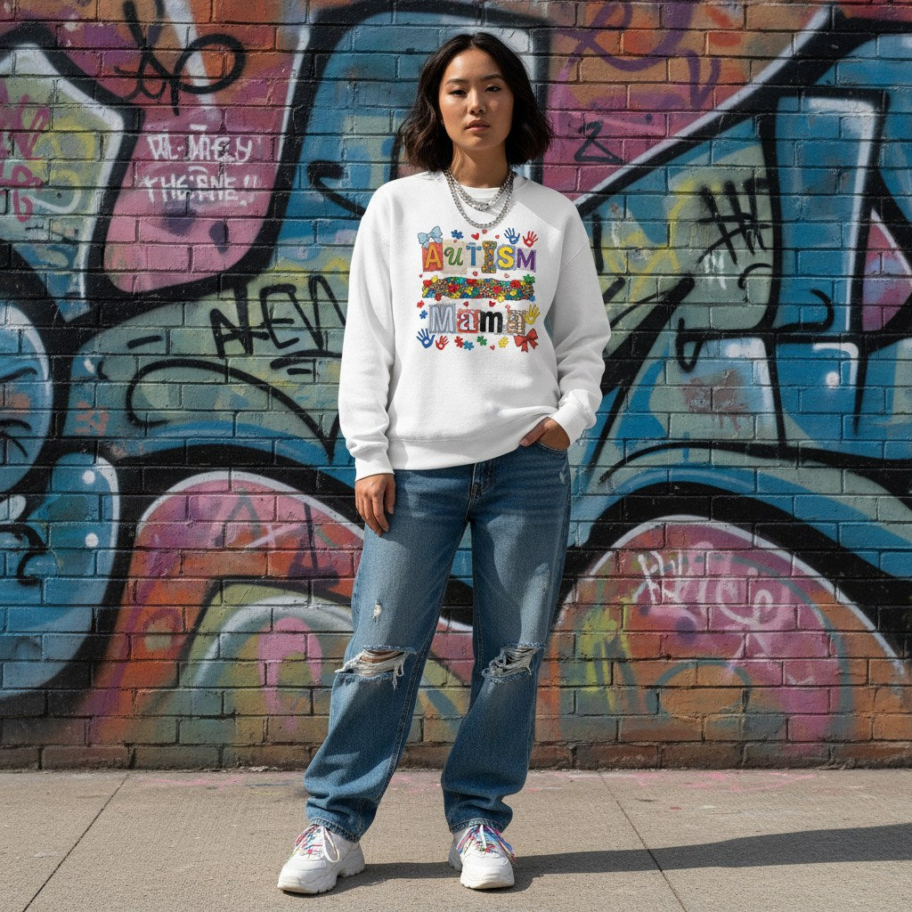 East Asian woman wearing a white autism mama collage sweatshirt.