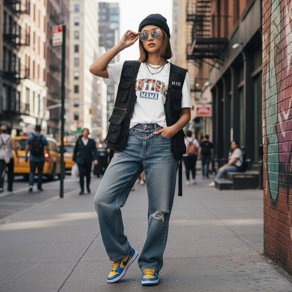 East Asian woman wearing a white autism mama collegiate t-shirt.