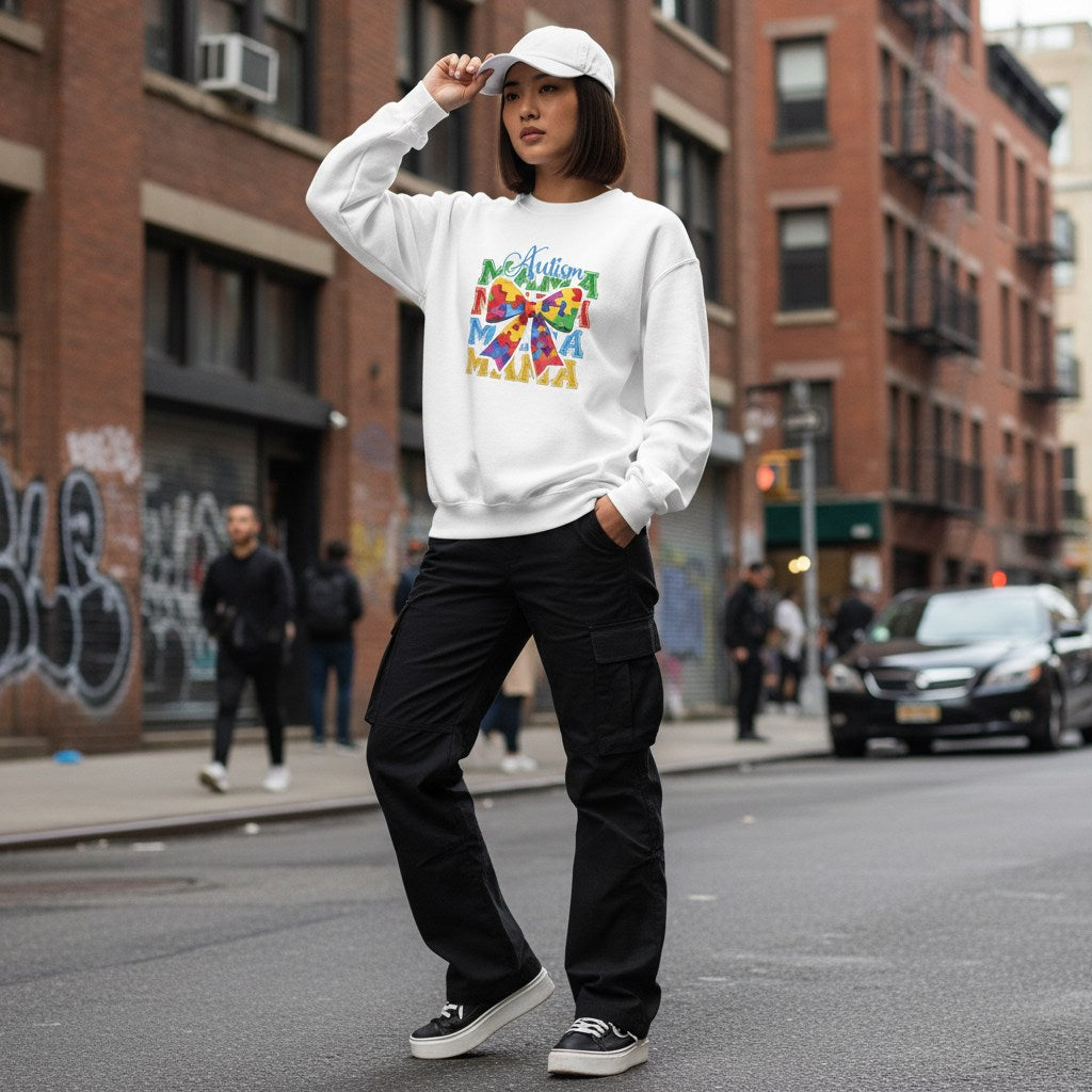 East Asian woman wearing a white autism mama sweatshirt.
