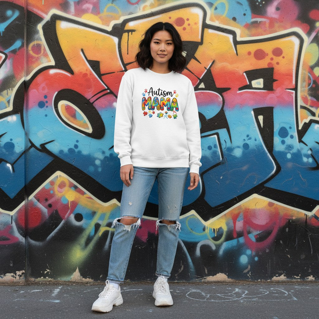East Asian woman wearing a white autism mama sweatshirt.