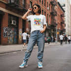 East Asian woman wearing a white autism mama t-shirt.