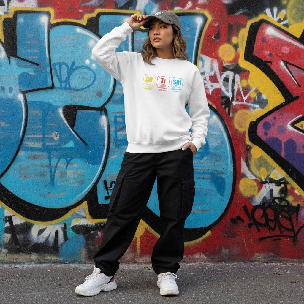 East Asian woman wearing a white autism periodic table sweatshirt.