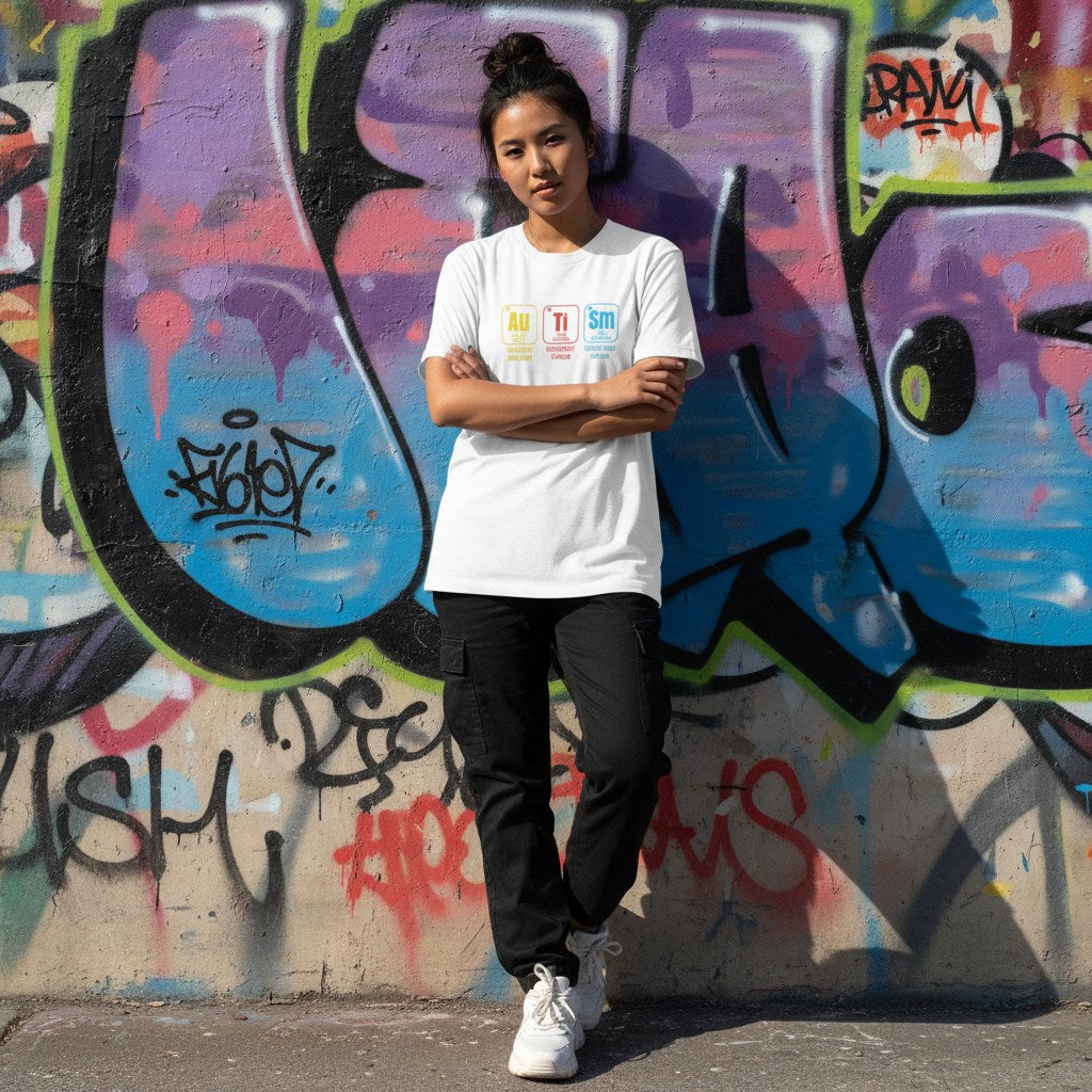 East Asian woman wearing a white autism periodic table t-shirt.