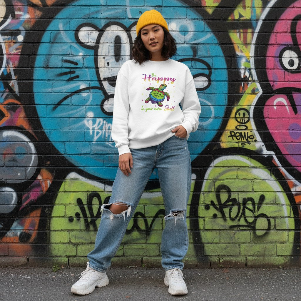 East Asian woman wearing a white be happy in your own shell sweatshirt.