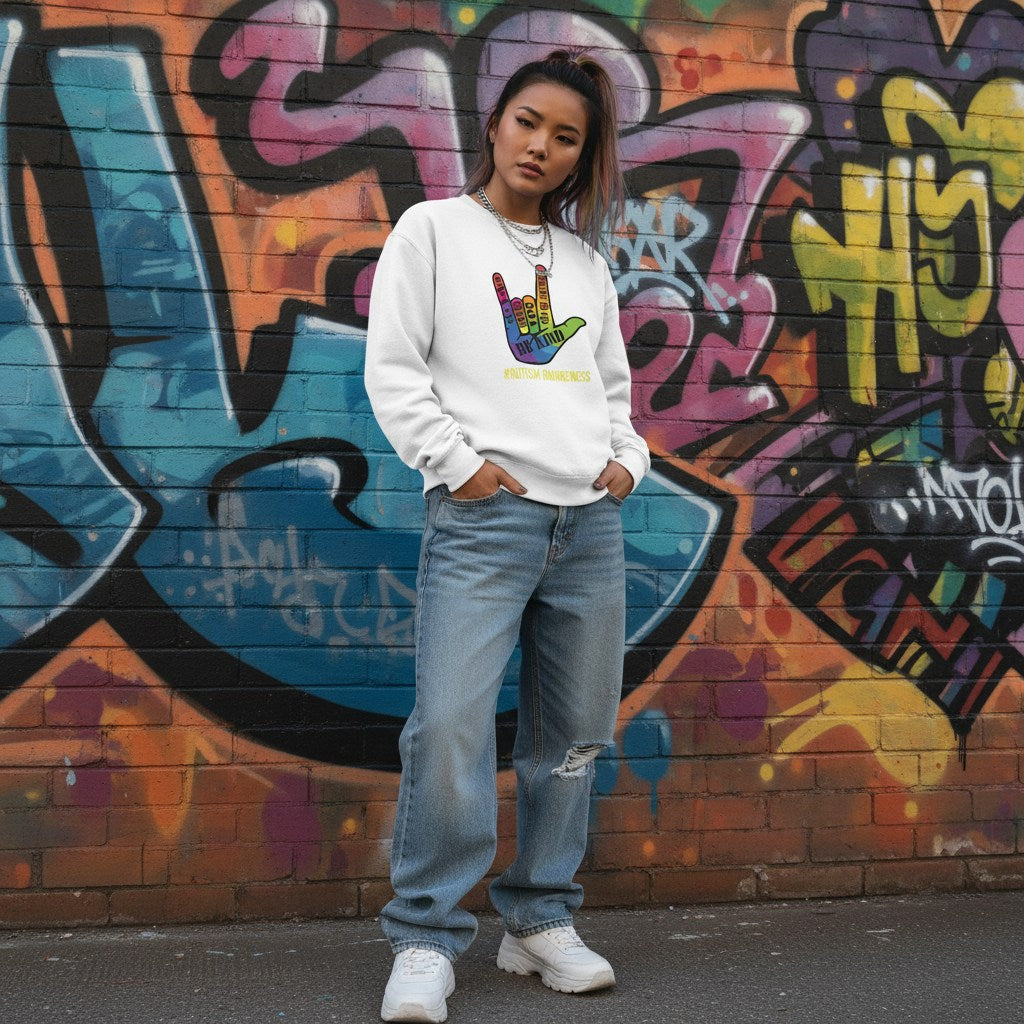 East Asian woman wearing a white be kind autism awareness sweatshirt.
