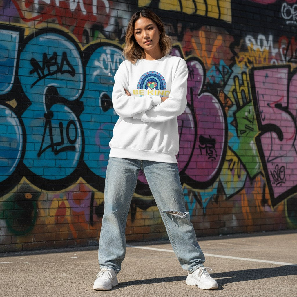 East Asian woman wearing a white Be Kind autism awareness sweatshirt.