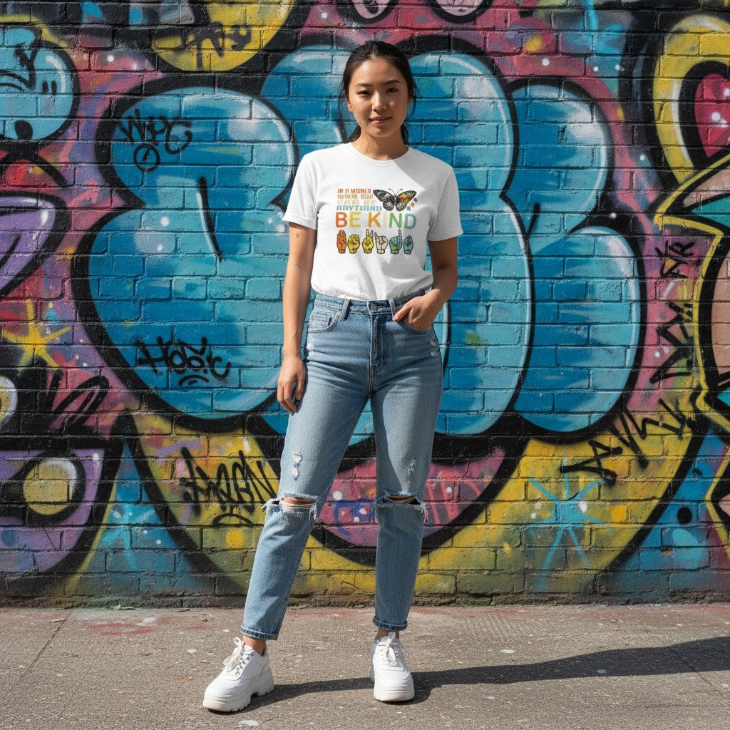East Asian woman wearing a white Be Kind butterfly ASL t-shirt.