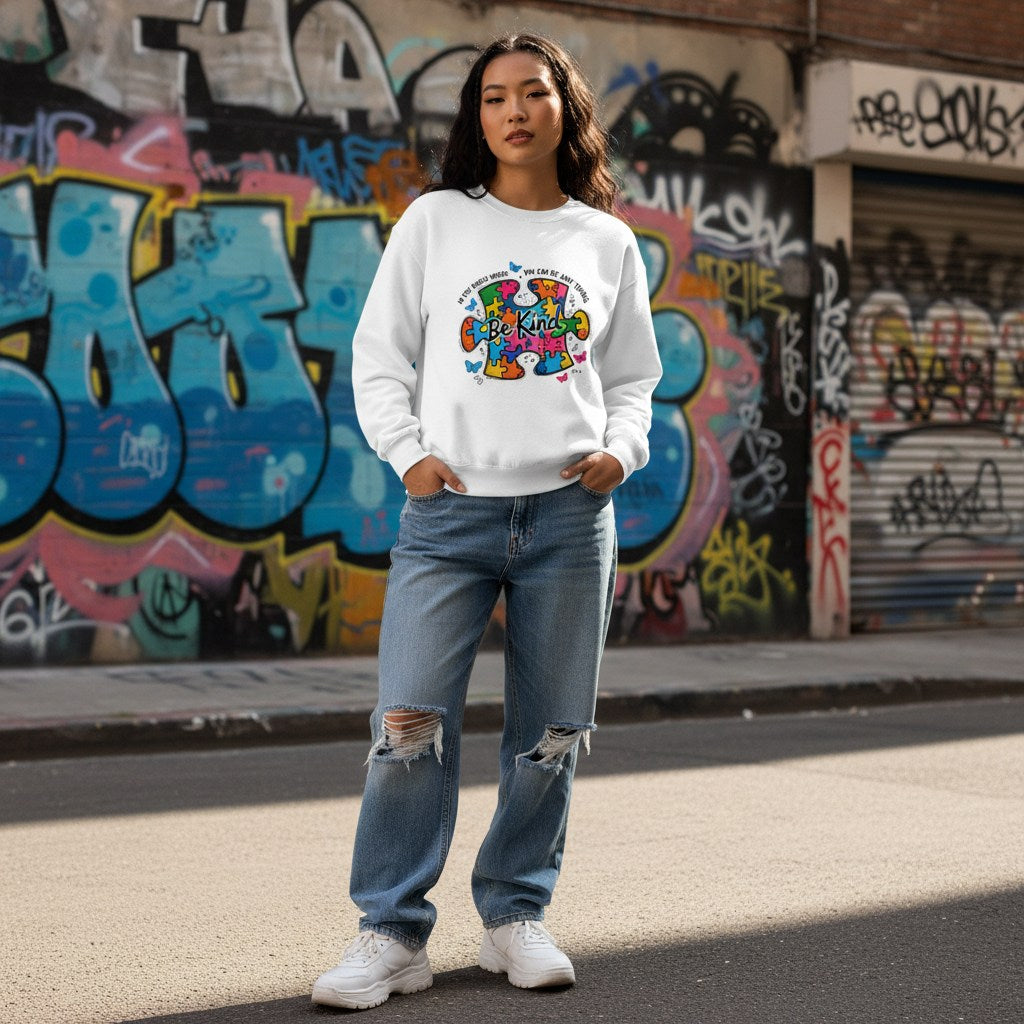 East Asian woman wearing a white be kind autism awareness puzzle piece sweatshirt.