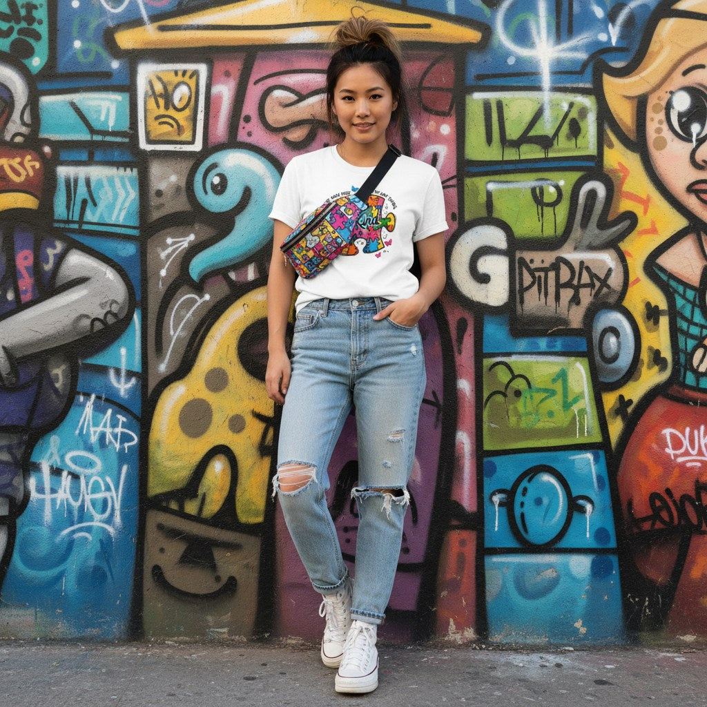 East Asian woman wearing a white Be Kind autism awareness puzzle piece t-shirt.