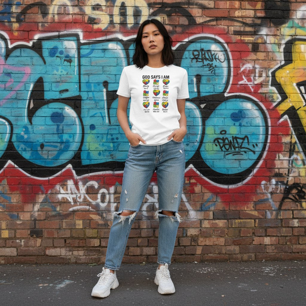East Asian woman wearing a white God Says I Am puzzle hearts t-shirt.