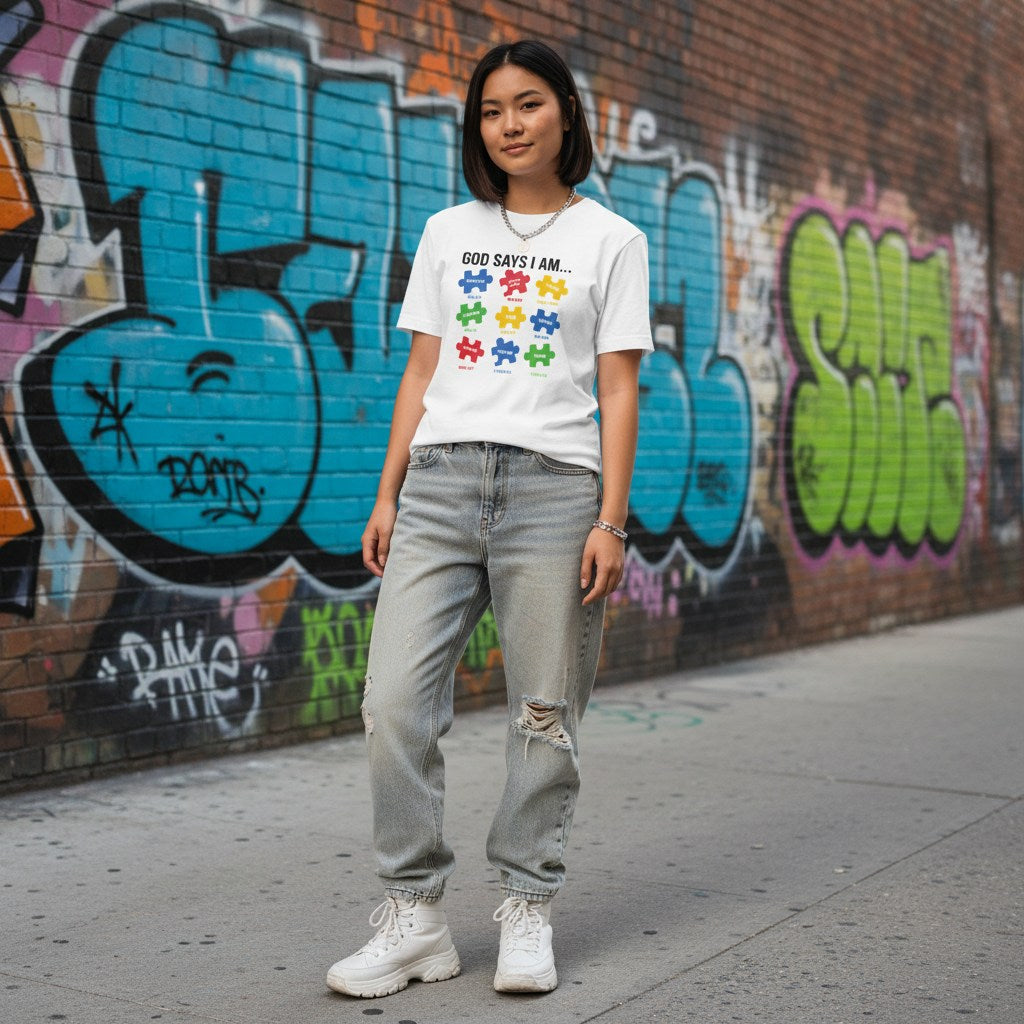 East Asian woman wearing a white God Says I Am autism awareness T-shirt.