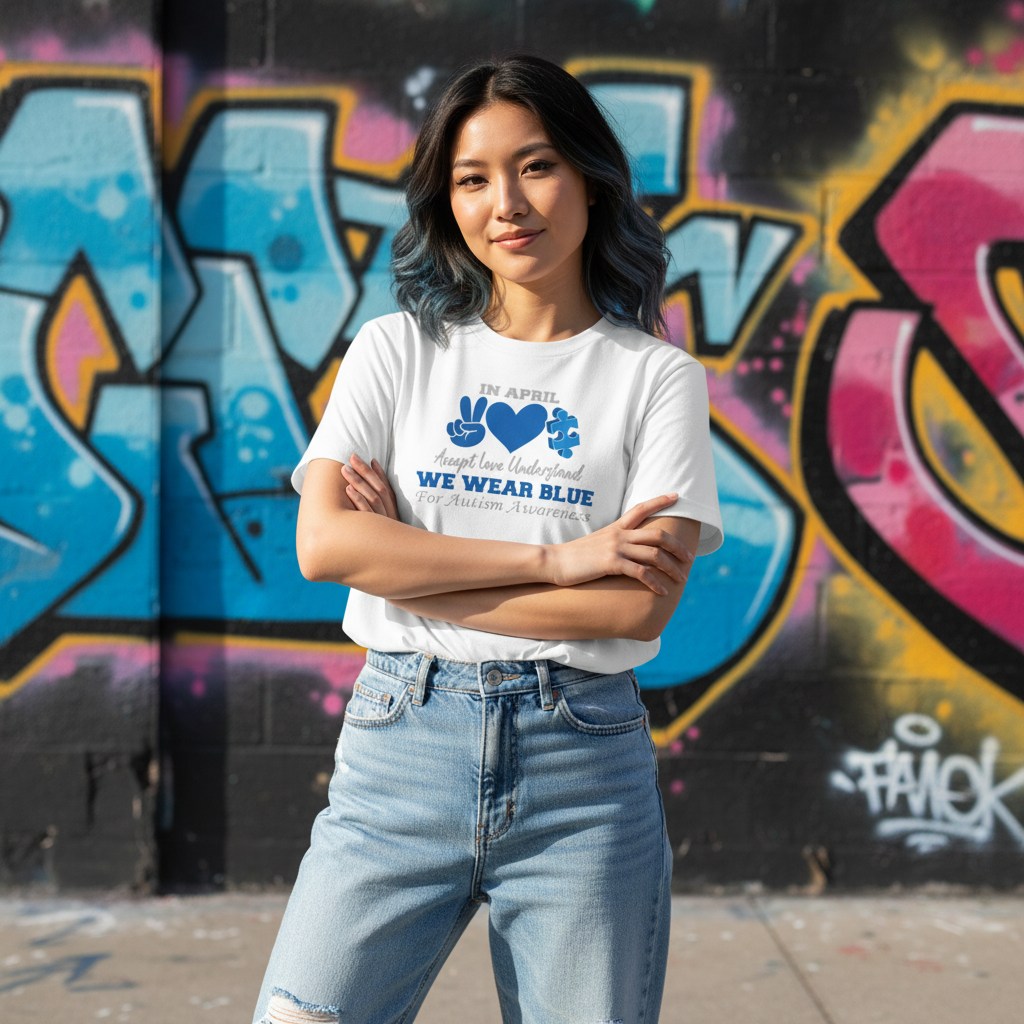 East Asian woman wearing a white autism awareness T-shirt.