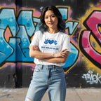 East Asian woman wearing a white autism awareness T-shirt.