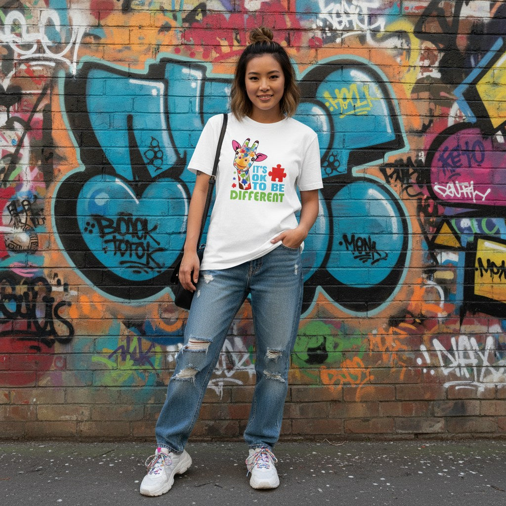 East Asian woman wearing a white its ok to be different giraffe t-shirt.