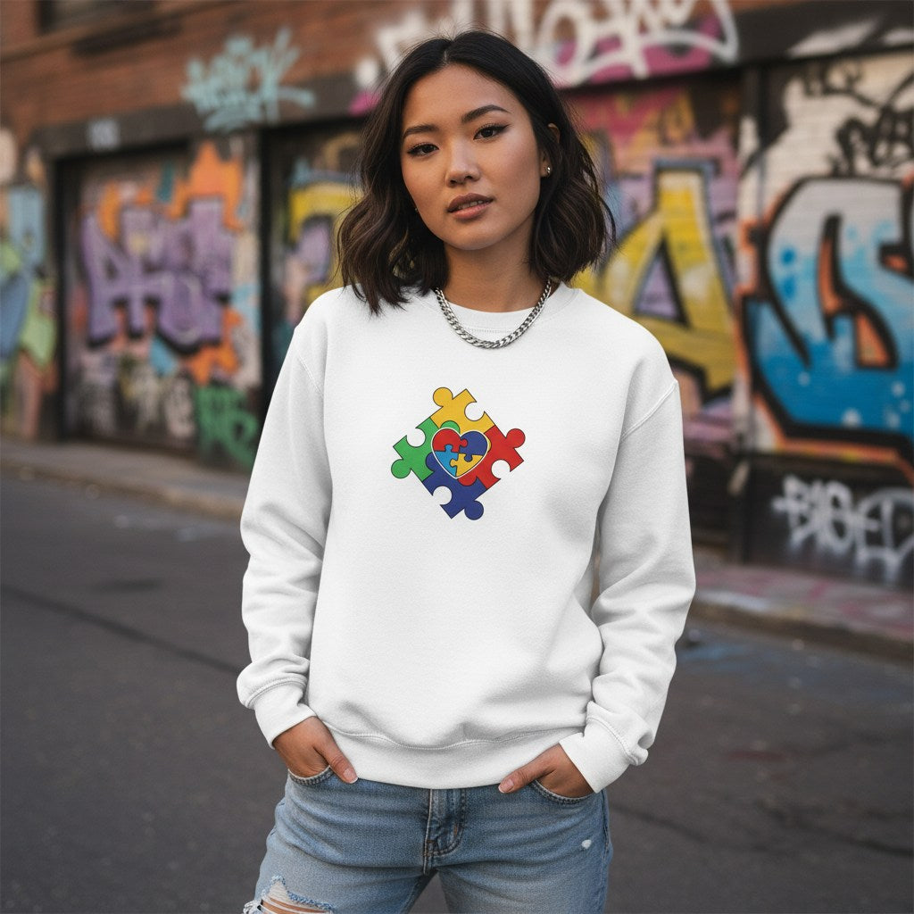 East Asian woman wearing a white puzzle heart logo autism awareness sweatshirt.