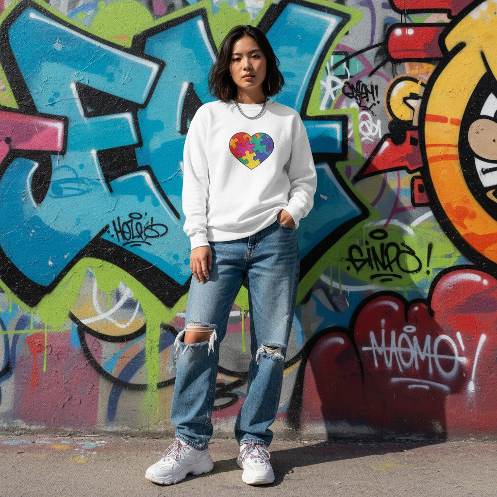 East Asian woman wearing a white puzzle heart sweatshirt.