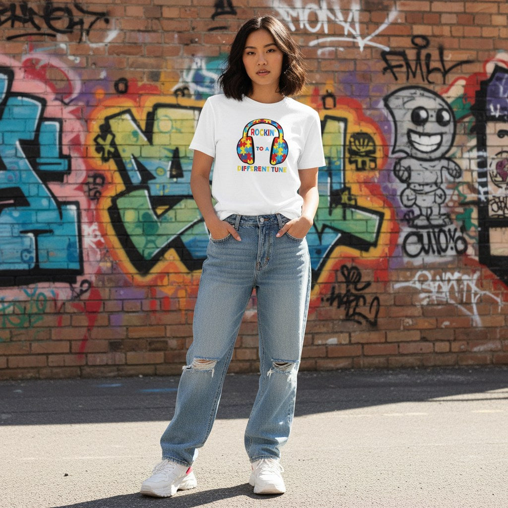 East Asian woman wearing a white autism awareness t-shirt.