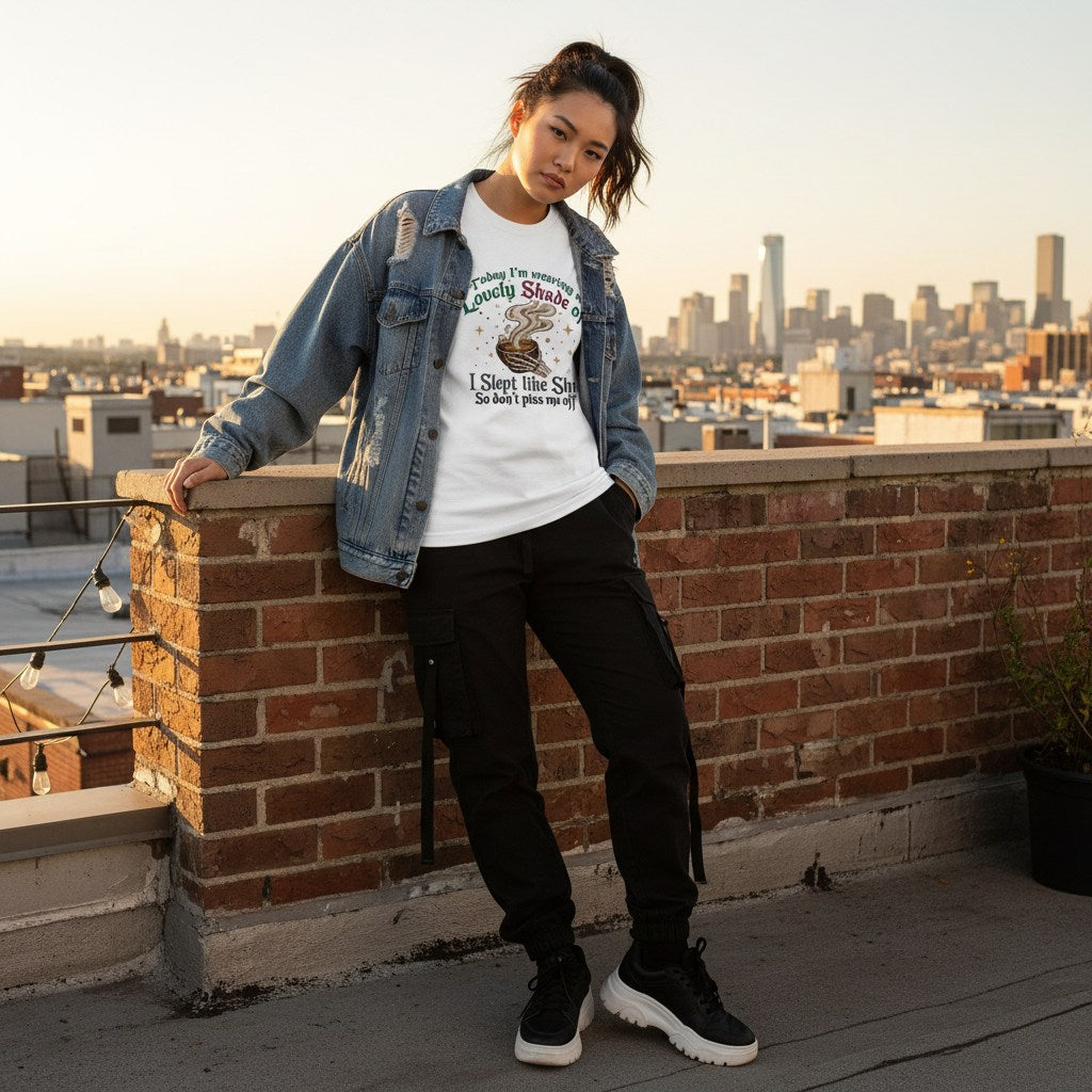 East Asian woman in streetwear posing for a lifestyle shot outdoors.